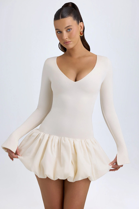 Modal Drop-Waist Bubble Hem Mini Dress in Ivory - Size:L